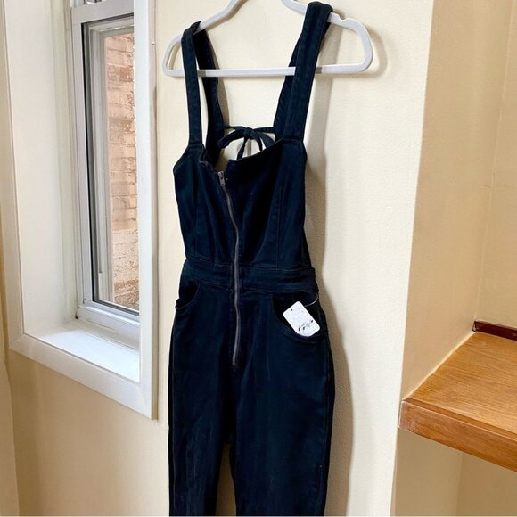NWT Free People CRVY 2nd Ave One Piece Denim Flare Jumpsuit in Black Panther - Picture 9 of 15